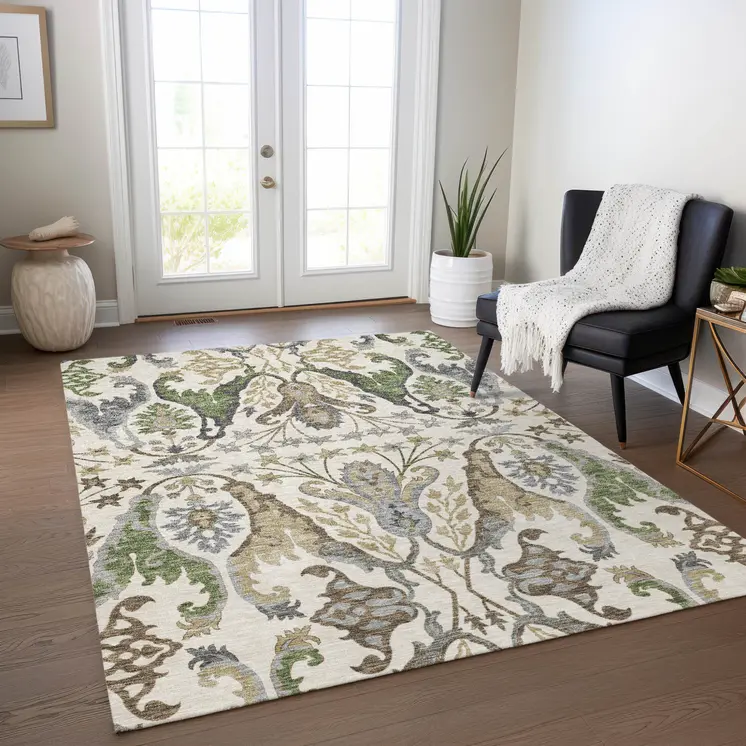 9' X 12' Ivory Green And Brown Floral Washable Indoor Outdoor Area Rug