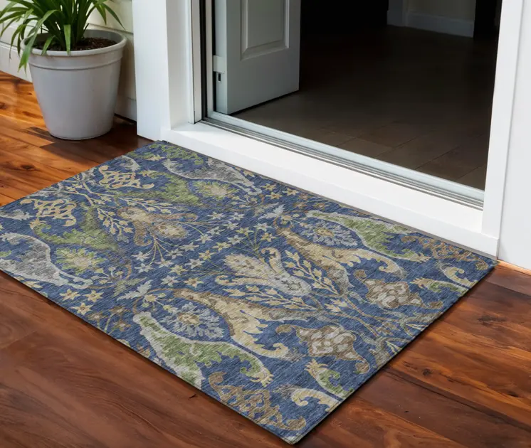 3' X 5' Navy Blue Green And Brown Floral Washable Indoor Outdoor Area Rug