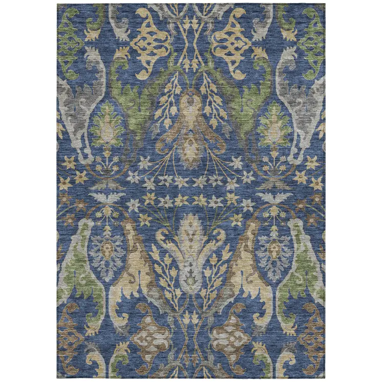 5' X 8' Navy Blue Green And Brown Floral Washable Indoor Outdoor Area Rug
