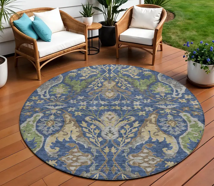 8' Navy Blue Green And Brown Round Floral Washable Indoor Outdoor Area Rug