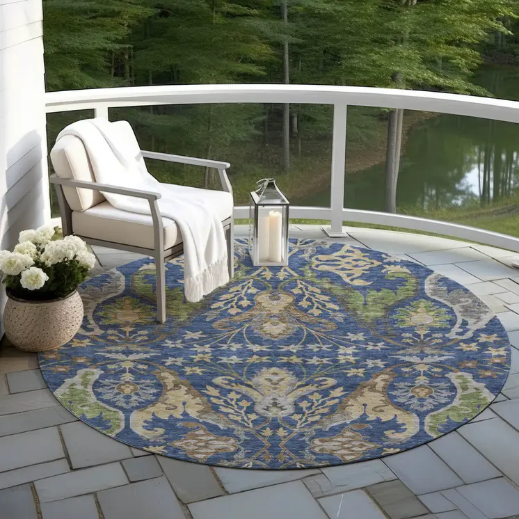 8' Navy Blue Green And Brown Round Floral Washable Indoor Outdoor Area Rug