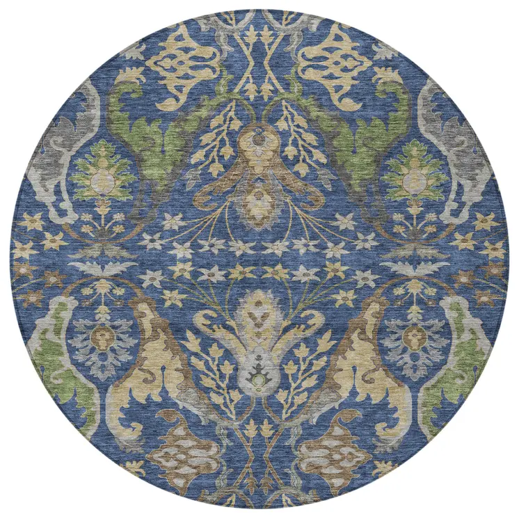 8' Navy Blue Green And Brown Round Floral Washable Indoor Outdoor Area Rug