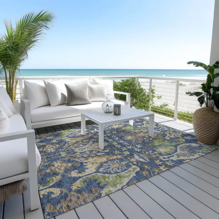 8' X 10' Navy Blue Green And Brown Floral Washable Indoor Outdoor Area Rug