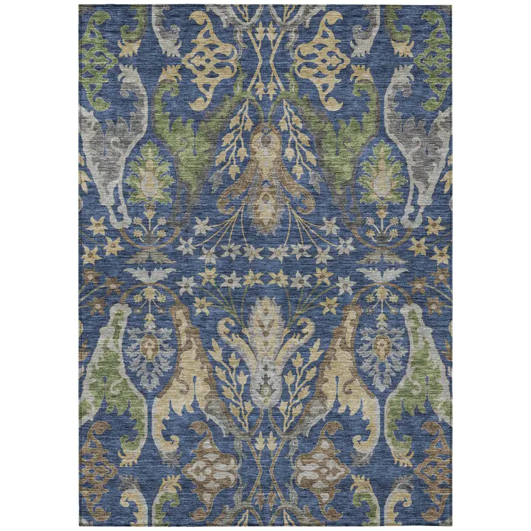 8' X 10' Navy Blue Green And Brown Floral Washable Indoor Outdoor Area Rug