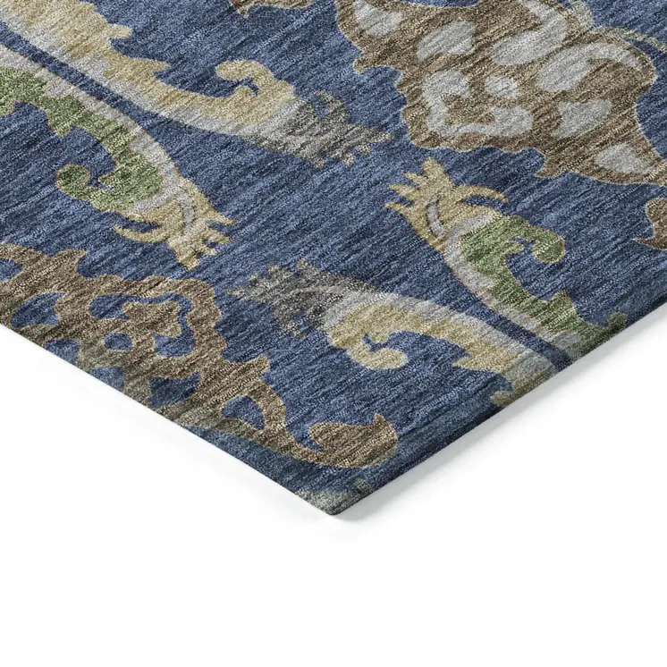 8' X 10' Navy Blue Green And Brown Floral Washable Indoor Outdoor Area Rug