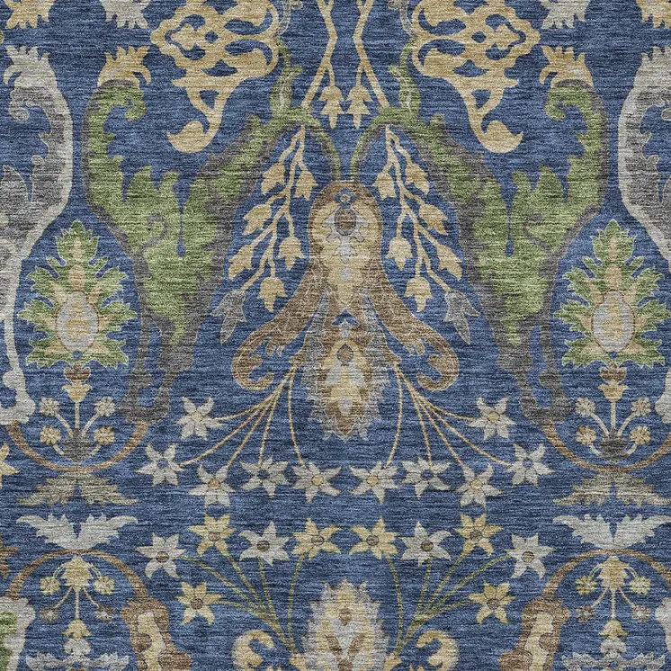 8' X 10' Navy Blue Green And Brown Floral Washable Indoor Outdoor Area Rug