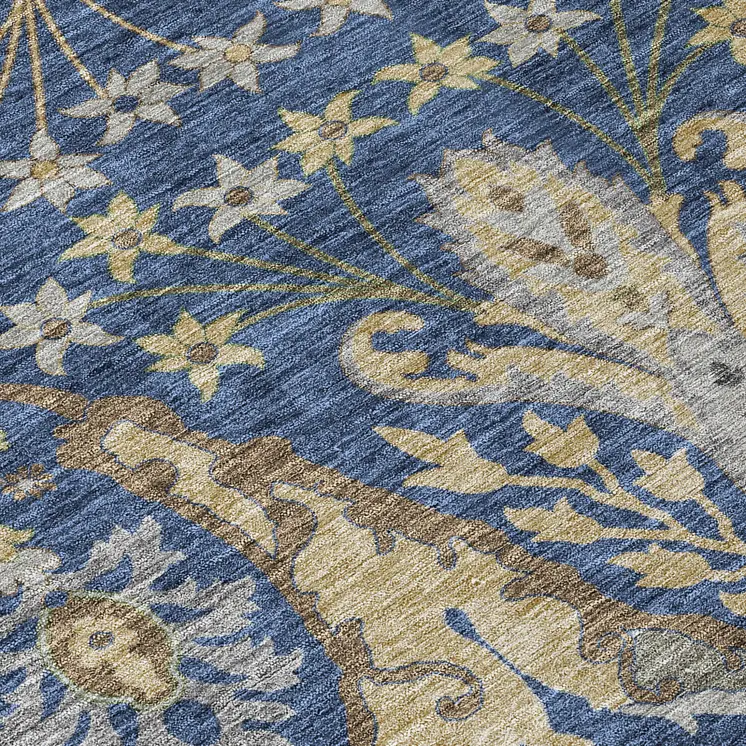 8' X 10' Navy Blue Green And Brown Floral Washable Indoor Outdoor Area Rug