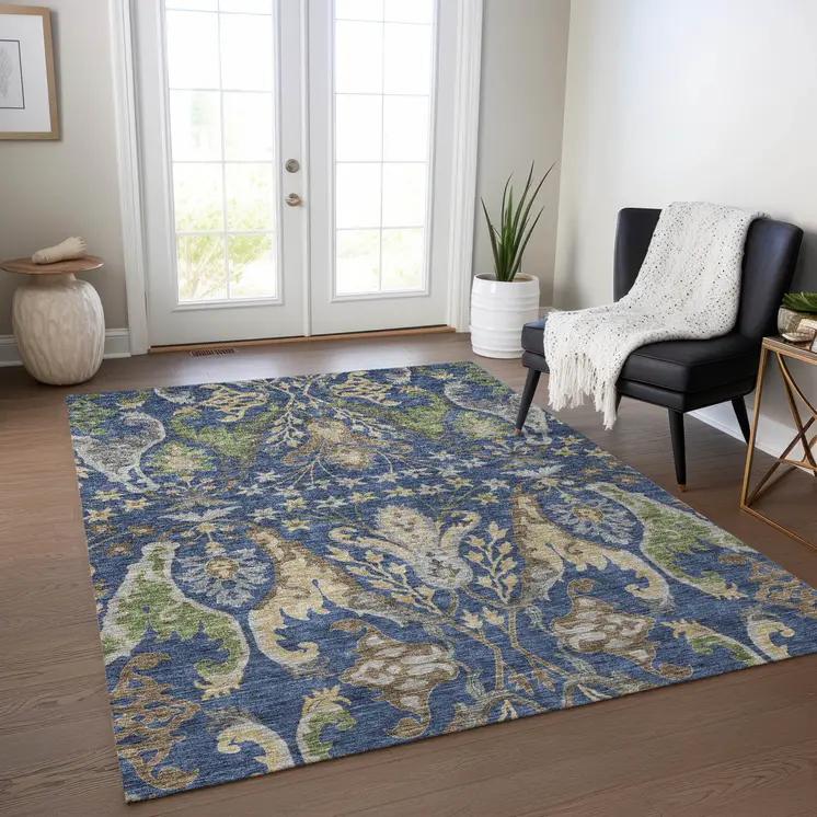 8' X 10' Navy Blue Green And Brown Floral Washable Indoor Outdoor Area Rug