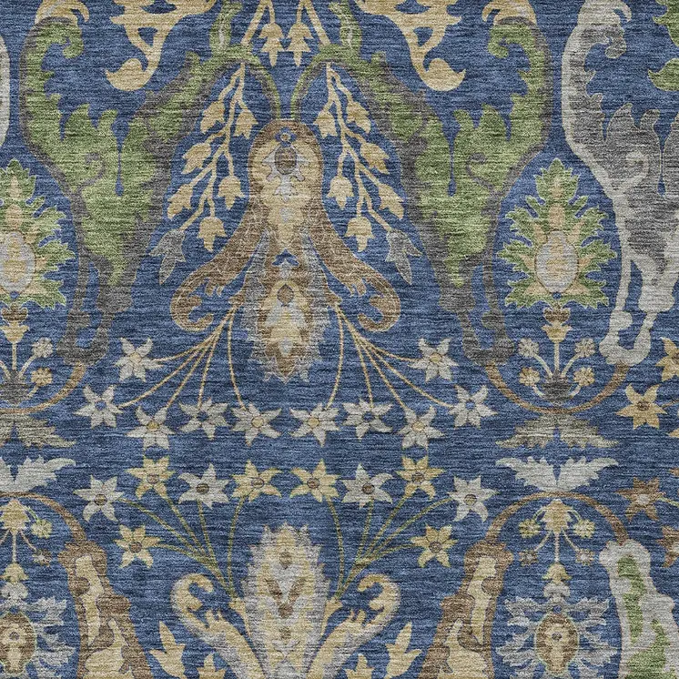 9' X 12' Navy Blue Green And Brown Floral Washable Indoor Outdoor Area Rug