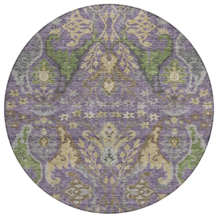 8' Purple Green And Brown Round Floral Washable Indoor Outdoor Area Rug