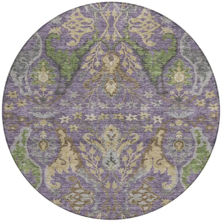 8' Purple Green And Brown Round Floral Washable Indoor Outdoor Area Rug