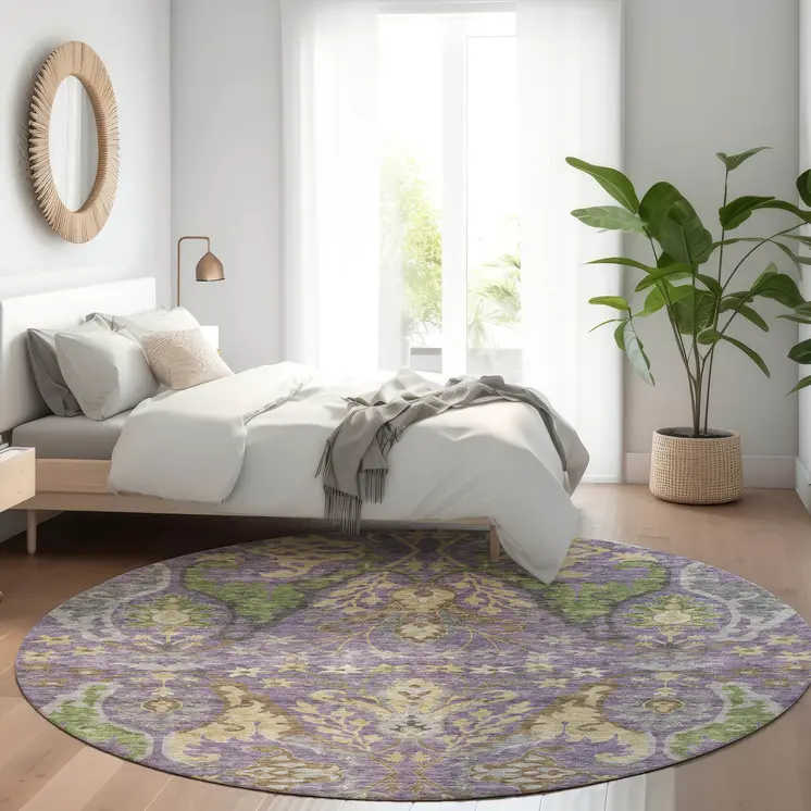 8' Purple Green And Brown Round Floral Washable Indoor Outdoor Area Rug