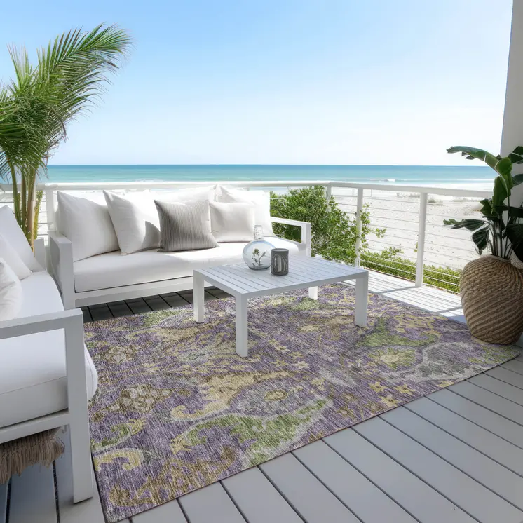 9' X 12' Purple Green And Brown Floral Washable Indoor Outdoor Area Rug