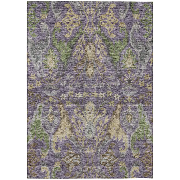 9' X 12' Purple Green And Brown Floral Washable Indoor Outdoor Area Rug