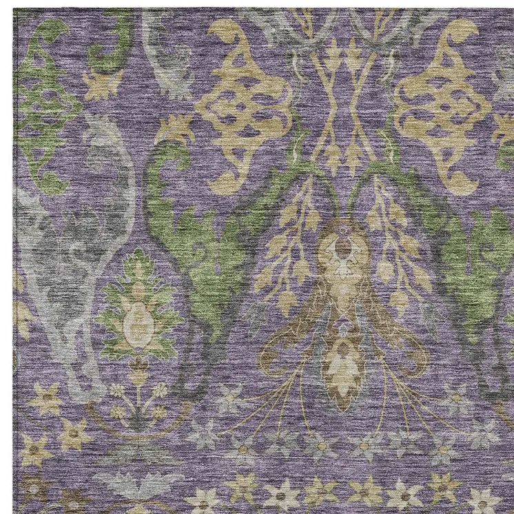 9' X 12' Purple Green And Brown Floral Washable Indoor Outdoor Area Rug