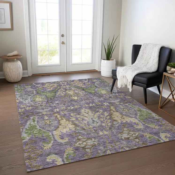 9' X 12' Purple Green And Brown Floral Washable Indoor Outdoor Area Rug