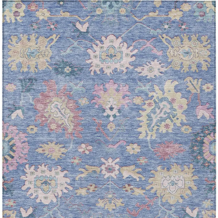 3' X 5' Blue Pink And Ivory Floral Washable Indoor Outdoor Area Rug