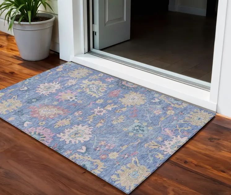 3' X 5' Blue Pink And Ivory Floral Washable Indoor Outdoor Area Rug