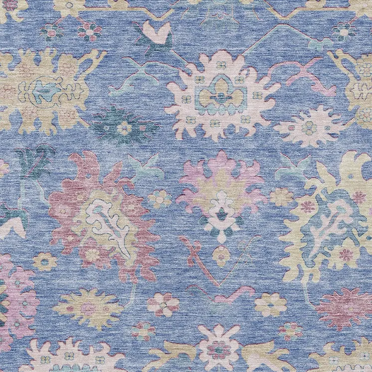 3' X 5' Blue Pink And Ivory Floral Washable Indoor Outdoor Area Rug