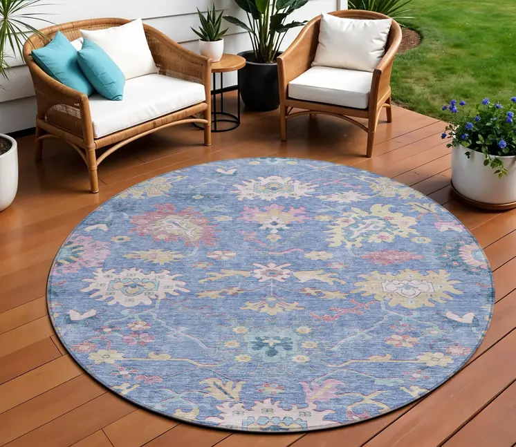 8' Blue Pink And Ivory Round Floral Washable Indoor Outdoor Area Rug