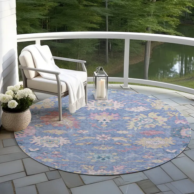 8' Blue Pink And Ivory Round Floral Washable Indoor Outdoor Area Rug