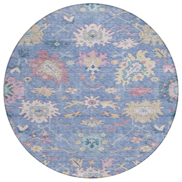 8' Blue Pink And Ivory Round Floral Washable Indoor Outdoor Area Rug