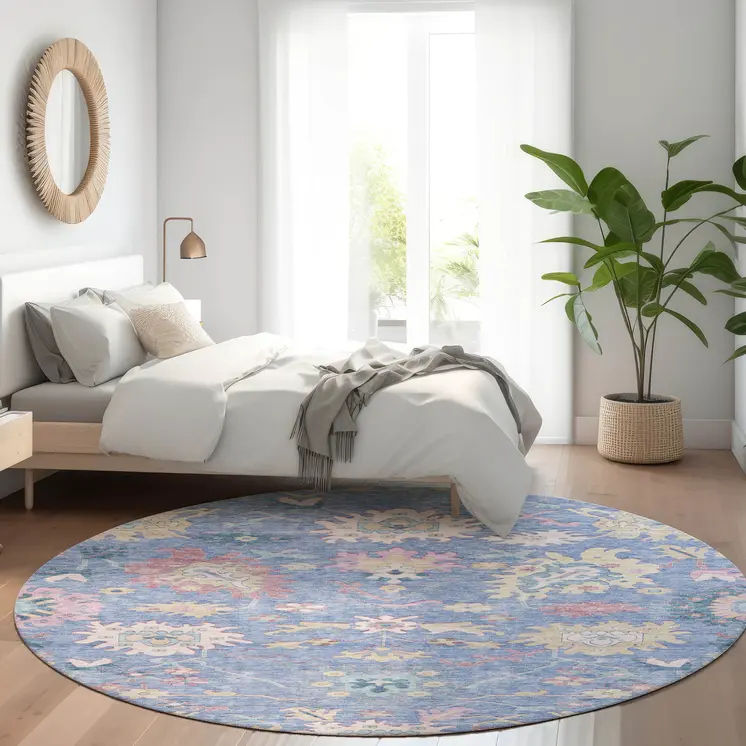 8' Blue Pink And Ivory Round Floral Washable Indoor Outdoor Area Rug