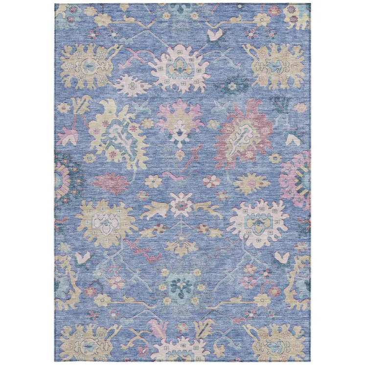 8' X 10' Blue Pink And Ivory Floral Washable Indoor Outdoor Area Rug