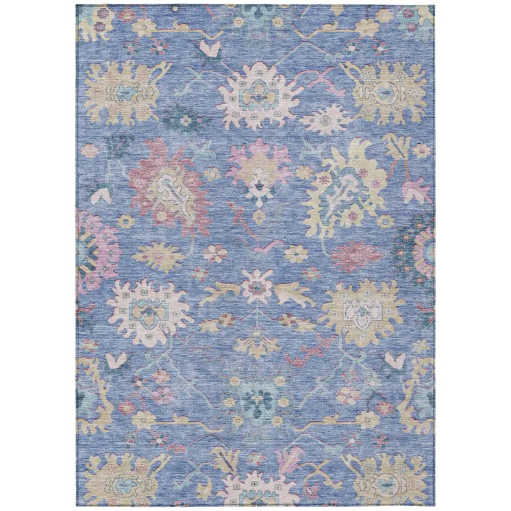 8' X 10' Blue Pink And Ivory Floral Washable Indoor Outdoor Area Rug