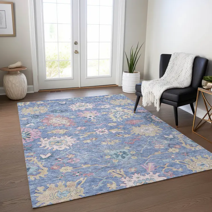 8' X 10' Blue Pink And Ivory Floral Washable Indoor Outdoor Area Rug