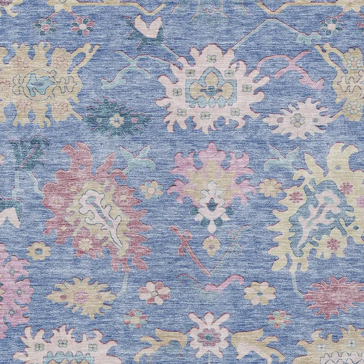 10' X 14' Blue Pink And Ivory Floral Washable Indoor Outdoor Area Rug