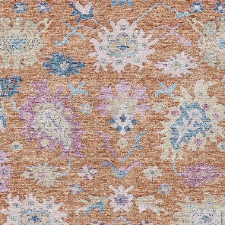 3' X 5' Orange Pink And Denim Blue Floral Washable Indoor Outdoor Area Rug