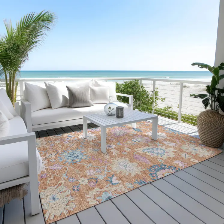 5' X 8' Orange Pink And Denim Blue Floral Washable Indoor Outdoor Area Rug