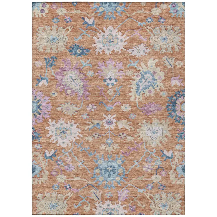 5' X 8' Orange Pink And Denim Blue Floral Washable Indoor Outdoor Area Rug