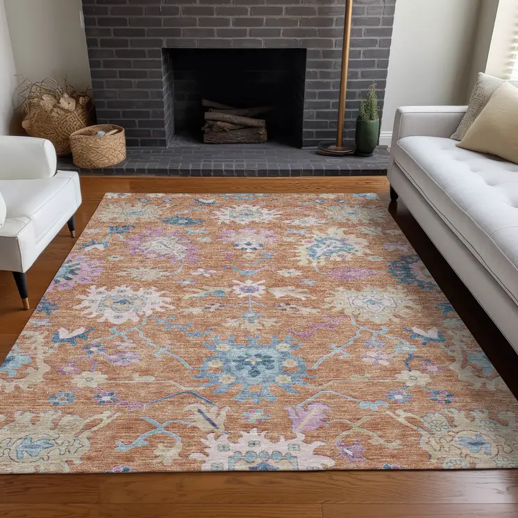 5' X 8' Orange Pink And Denim Blue Floral Washable Indoor Outdoor Area Rug