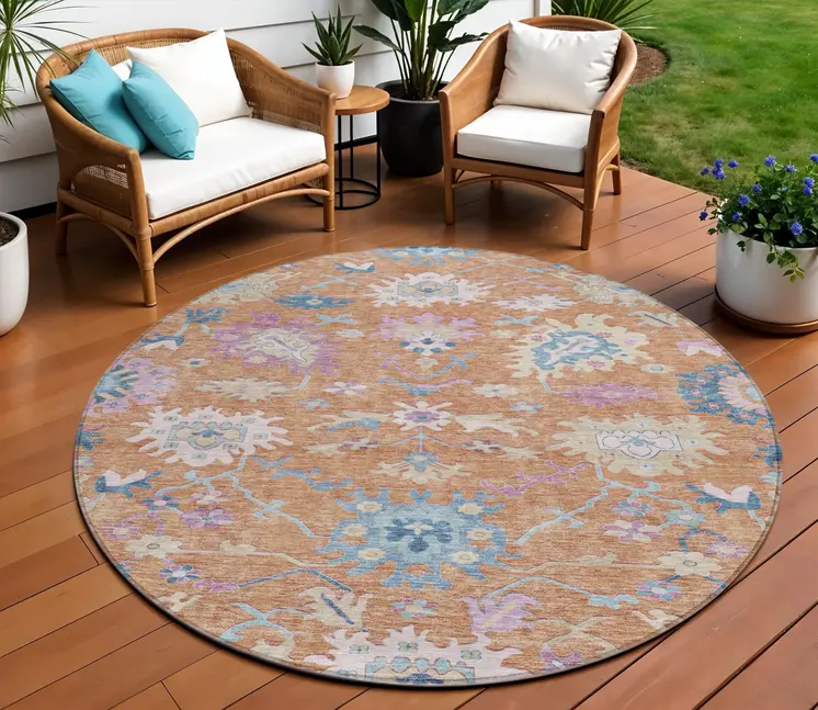8' Orange Pink And Denim Blue Round Floral Washable Indoor Outdoor Area Rug