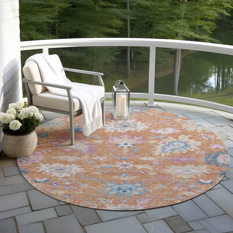 8' Orange Pink And Denim Blue Round Floral Washable Indoor Outdoor Area Rug