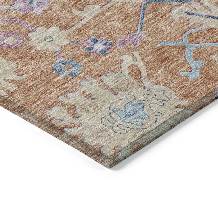 8' Orange Pink And Denim Blue Round Floral Washable Indoor Outdoor Area Rug