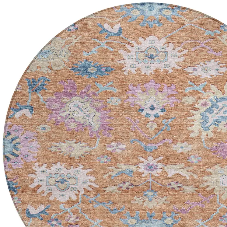 8' Orange Pink And Denim Blue Round Floral Washable Indoor Outdoor Area Rug