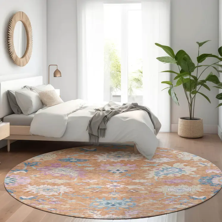 8' Orange Pink And Denim Blue Round Floral Washable Indoor Outdoor Area Rug