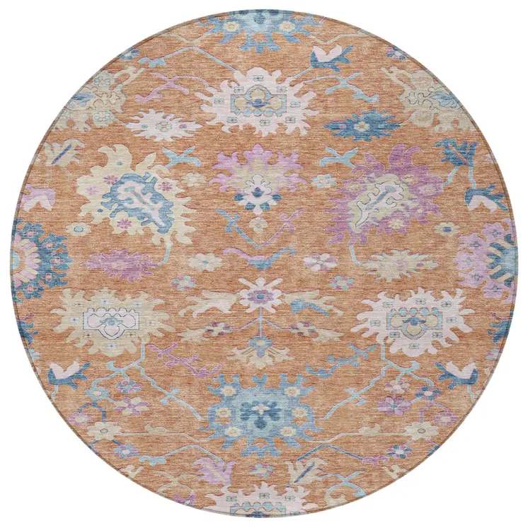 8' Orange Pink And Denim Blue Round Floral Washable Indoor Outdoor Area Rug