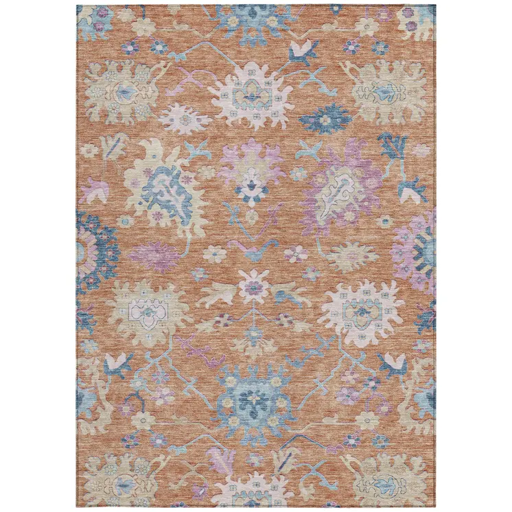 9' X 12' Orange Pink And Denim Blue Floral Washable Indoor Outdoor Area Rug