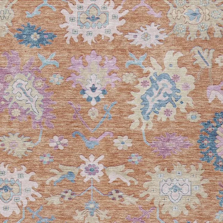 9' X 12' Orange Pink And Denim Blue Floral Washable Indoor Outdoor Area Rug