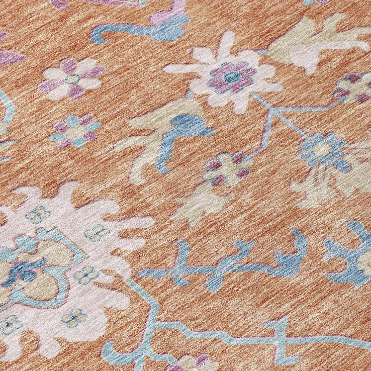 9' X 12' Orange Pink And Denim Blue Floral Washable Indoor Outdoor Area Rug