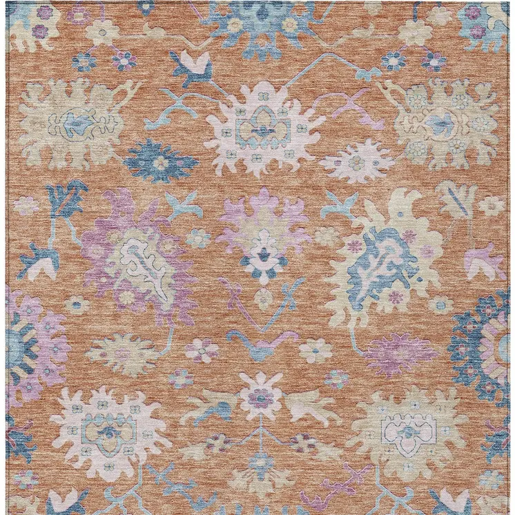 10' X 14' Orange Pink And Denim Blue Floral Washable Indoor Outdoor Area Rug