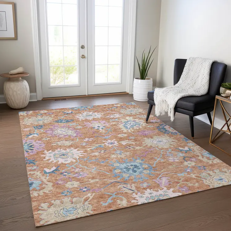 10' X 14' Orange Pink And Denim Blue Floral Washable Indoor Outdoor Area Rug