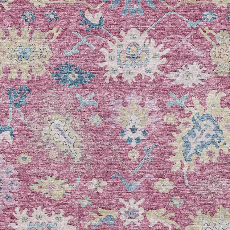 3' X 5' Pink Ivory And Denim Blue Floral Washable Indoor Outdoor Area Rug