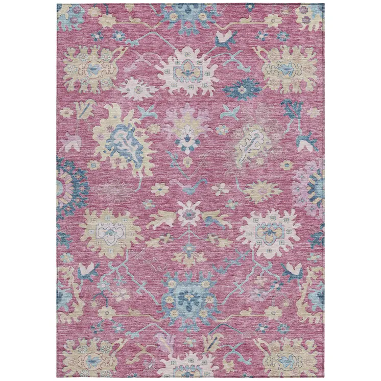 9' X 12' Pink Ivory And Denim Blue Floral Washable Indoor Outdoor Area Rug