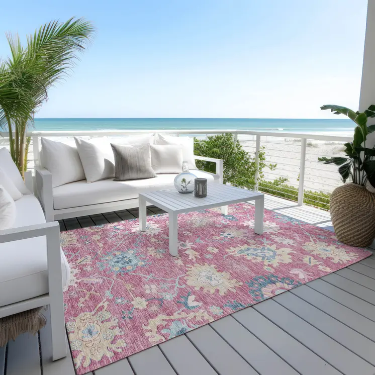 9' X 12' Pink Ivory And Denim Blue Floral Washable Indoor Outdoor Area Rug