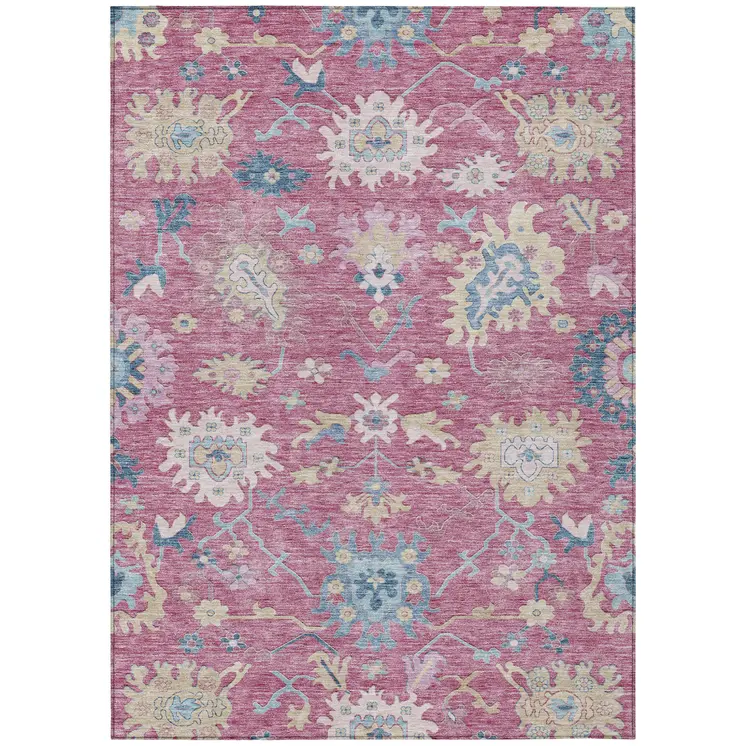 9' X 12' Pink Ivory And Denim Blue Floral Washable Indoor Outdoor Area Rug